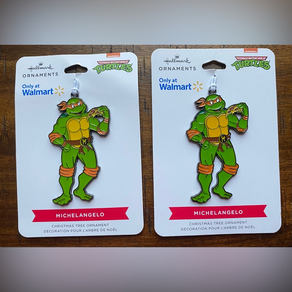 •NWT•{2} Hallmark Metal Ninja Turtle MICHELANGELO Christmas Tree Ornament Bundle